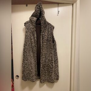 Knapp Studio Womens Plush Knit Hooded Vest Jacket XL 46” Brown & Cream Ivory